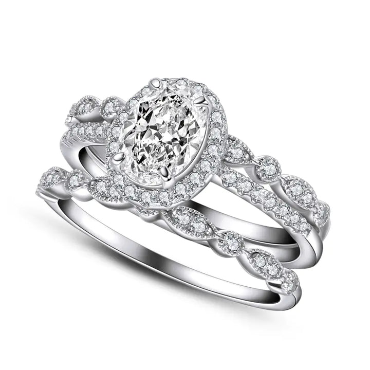 925 Sterling Silver Oval Stone Double Ring Set