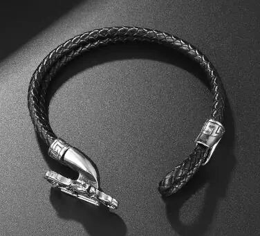 Men's Stainless Steel Leather Motorcycle Bracelet