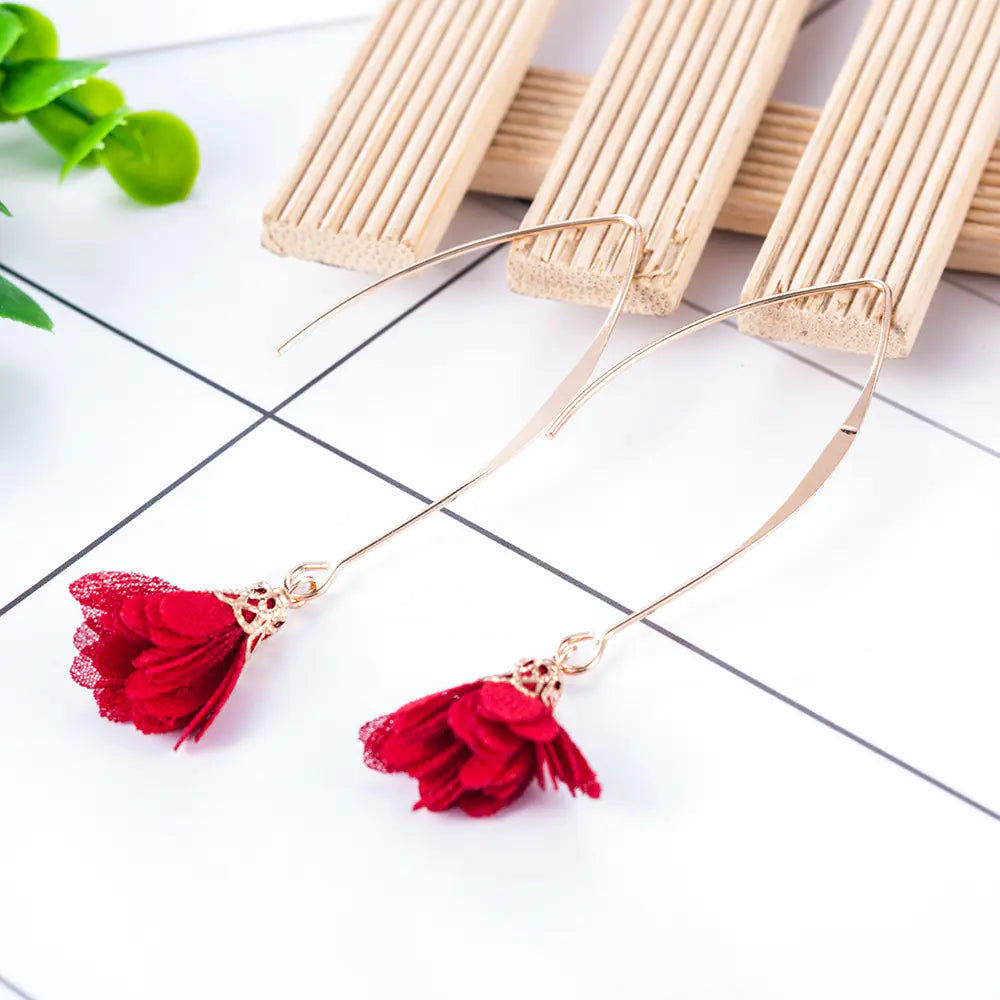 Creative Rose Fabric Drop Earrings with Tassels