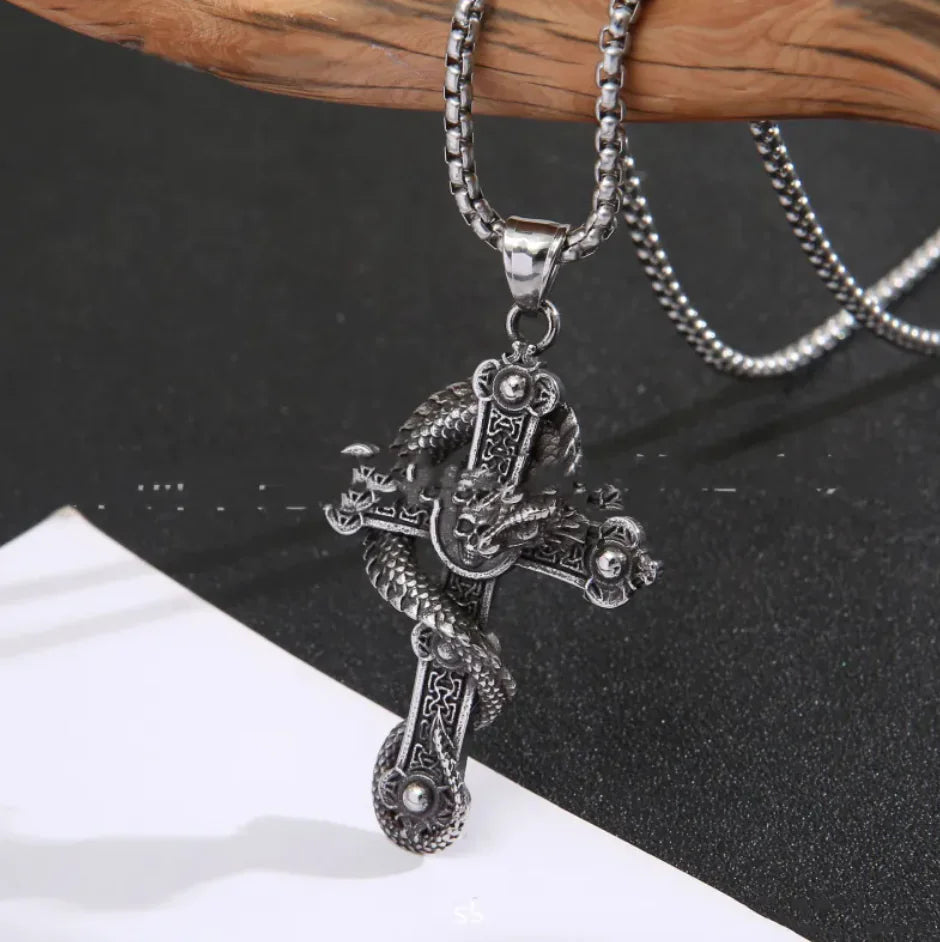 Stainless Steel Dragon Cross Pendant Necklace
