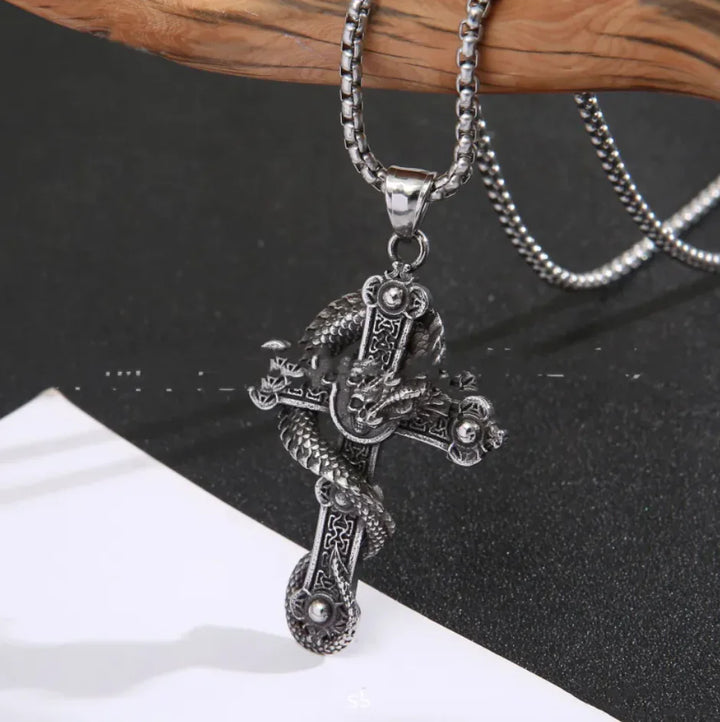 Stainless Steel Dragon Cross Pendant Necklace