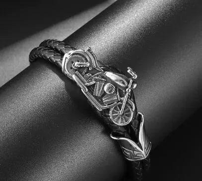 Men's Stainless Steel Leather Motorcycle Bracelet