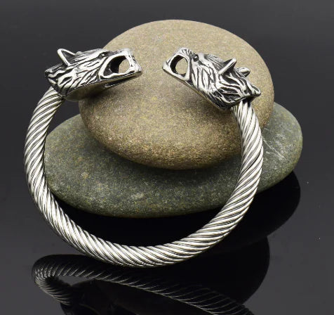 Asgard Handcrafted Large Grey Wolf Head Torc Bracelet