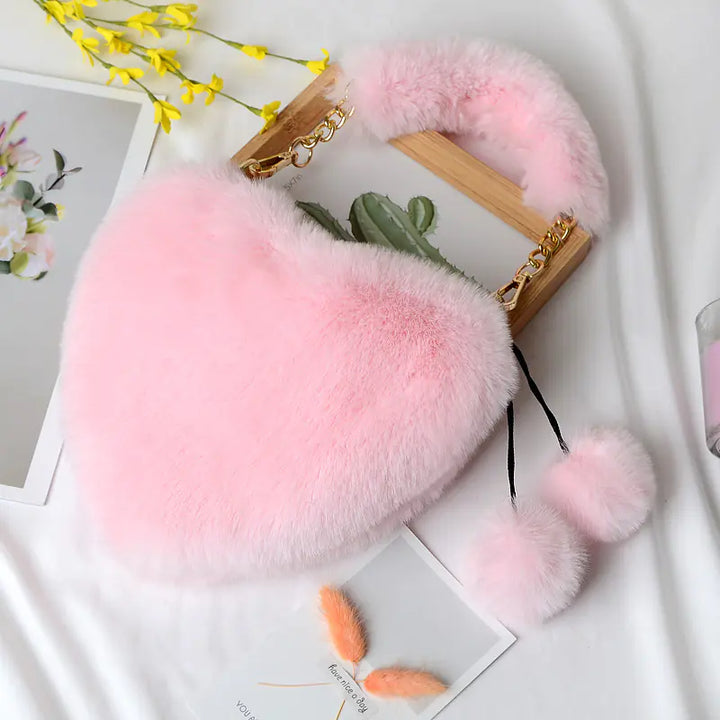 Heart-shaped Plush Peach Handbag for Women