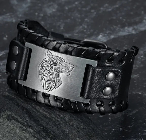 Asgard Leather Buckle Arm Cuff with Fenrir Design