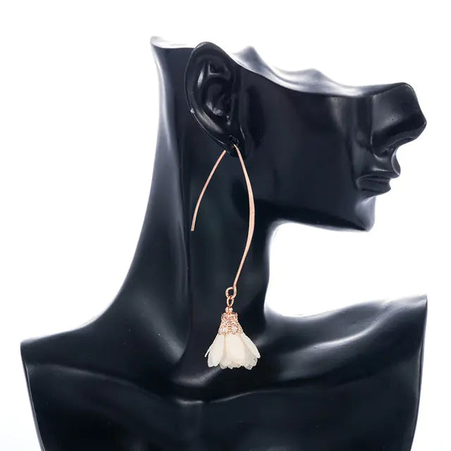Creative Rose Fabric Drop Earrings with Tassels