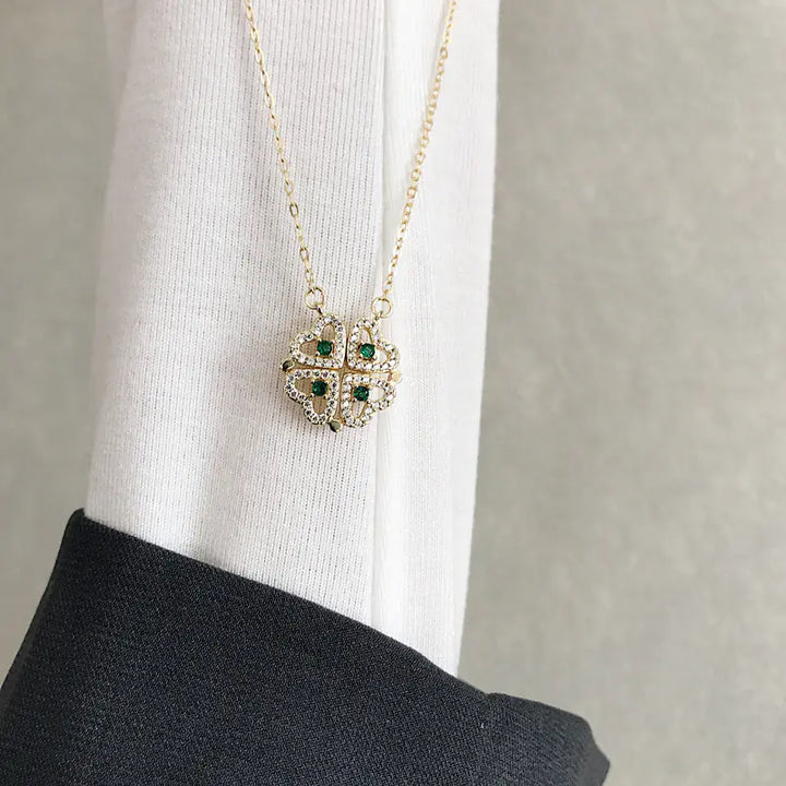 Gold Four-leaf Clover Heart Zircon Necklace for Women