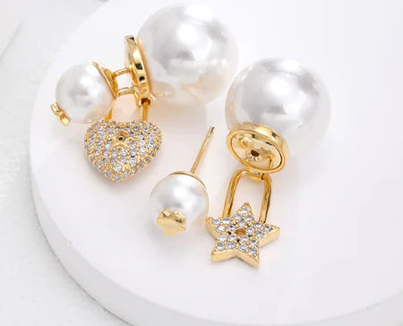 Asymmetrical Star Heart Earrings with Double-Sided Pearls