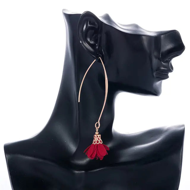 Creative Rose Fabric Drop Earrings with Tassels