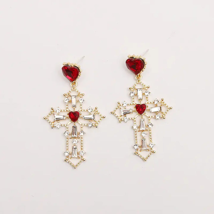 Gold Cross Earrings with Creative Heart Design