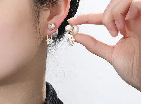 Asymmetrical Star Heart Earrings with Double-Sided Pearls