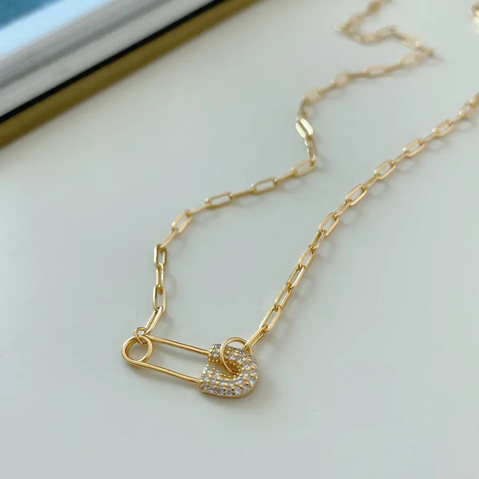 925 Silver Gold Chain Necklace with Pendant and Diamonds