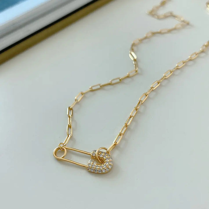 925 Silver Gold Chain Necklace with Pendant and Diamonds