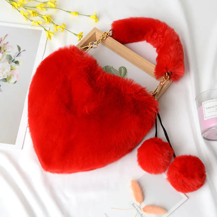 Heart-shaped Plush Peach Handbag for Women