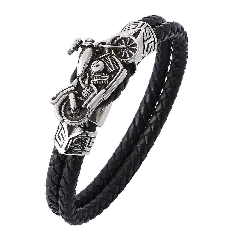 Men's Stainless Steel Leather Motorcycle Bracelet