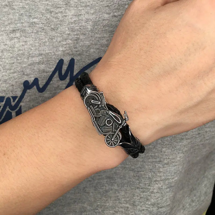 Men's Stainless Steel Leather Motorcycle Bracelet