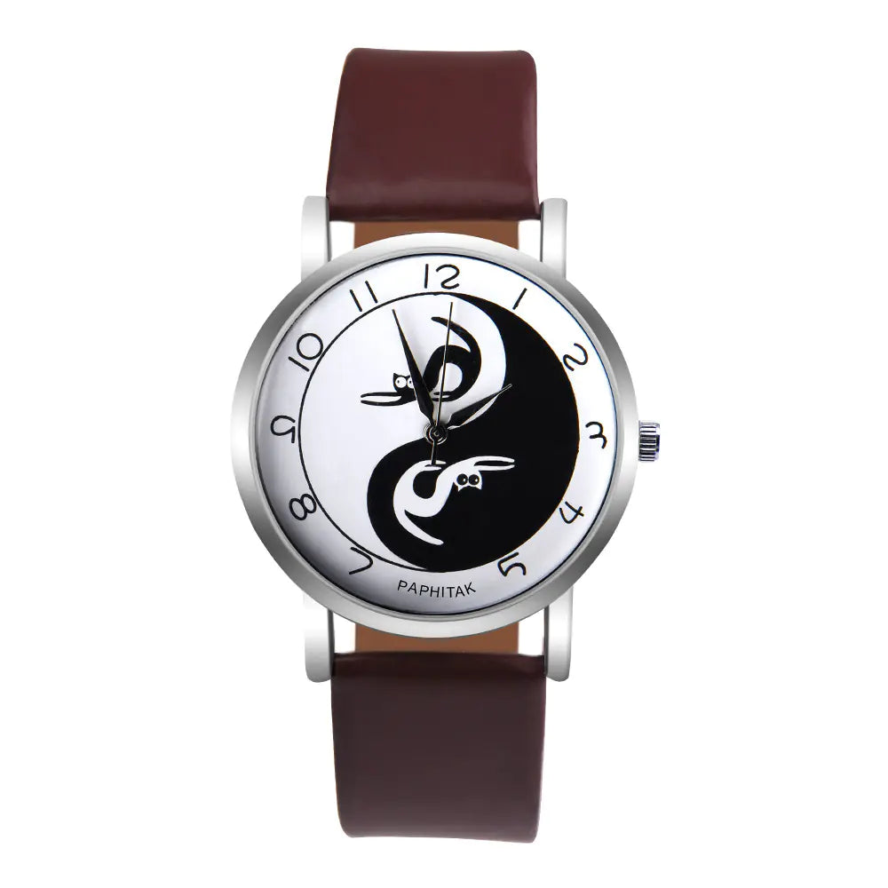 Women's Leather Cat Watch with Yin Yang Design