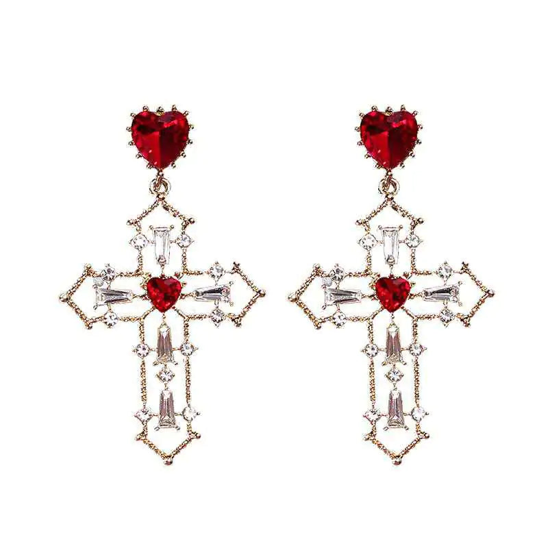 Gold Cross Earrings with Creative Heart Design