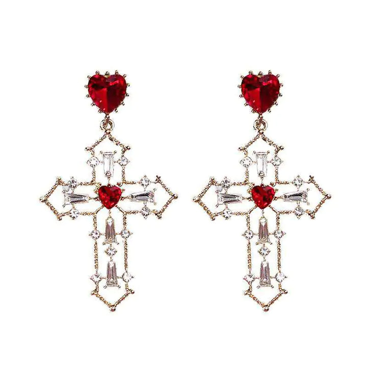 Gold Cross Earrings with Creative Heart Design