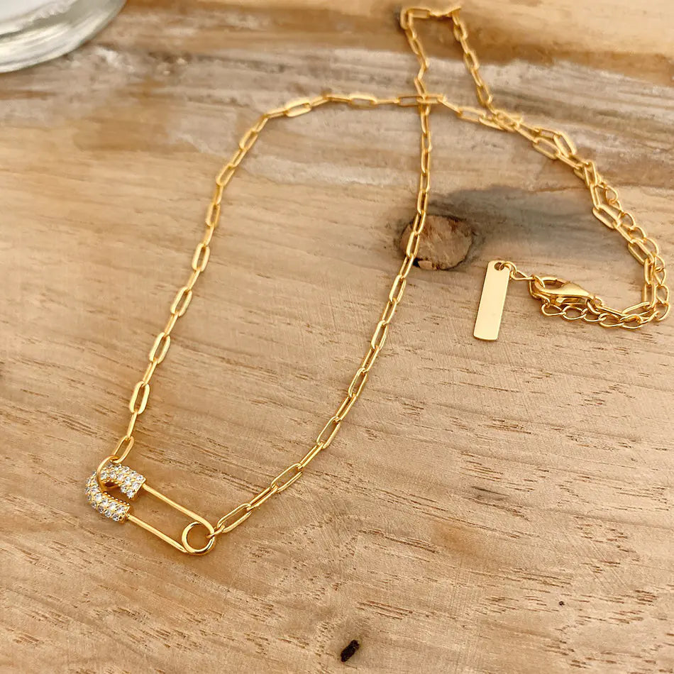 925 Silver Gold Chain Necklace with Pendant and Diamonds