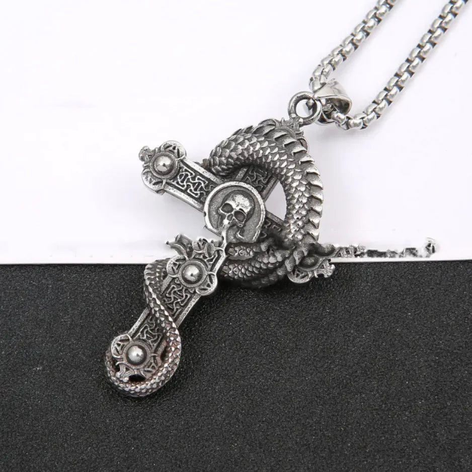 Stainless Steel Dragon Cross Pendant Necklace