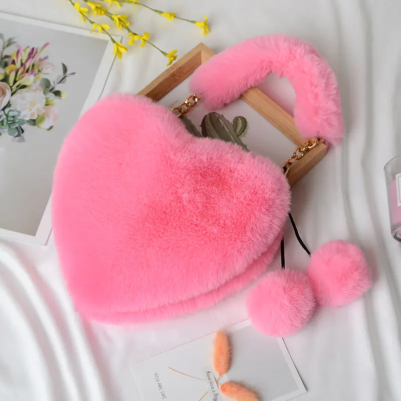 Heart-shaped Plush Peach Handbag for Women