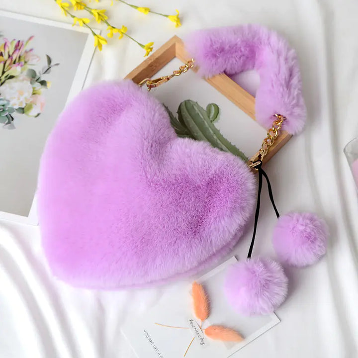 Heart-shaped Plush Peach Handbag for Women