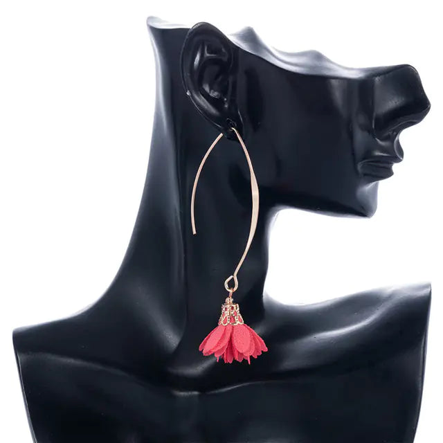 Creative Rose Fabric Drop Earrings with Tassels