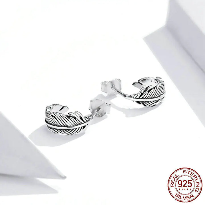 S925 Silver Feather Stud Earrings for Men and Women