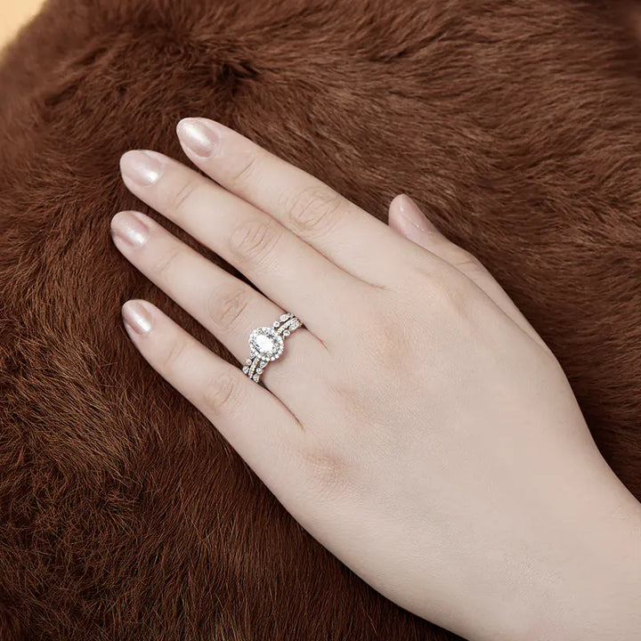 925 Sterling Silver Oval Stone Double Ring Set