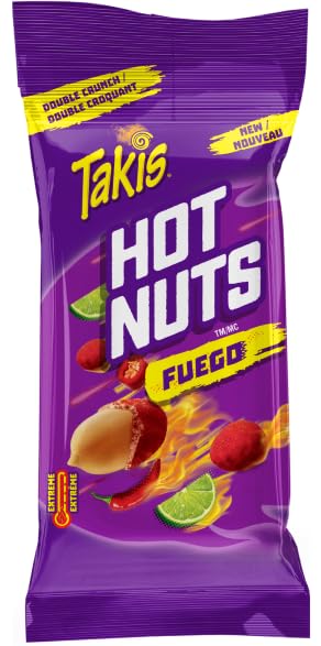 Takis Hot Nuts Fuego are packed with spiciness, making them perfect for a fiery snacktime. With 25% more chili pepper than the original Takis, these snacks deliver a bold, tangy flavor. The crunchy nuts are dusted with heat and made with real corn. Enjoy the heat of Takis Hot Nuts Fuego!