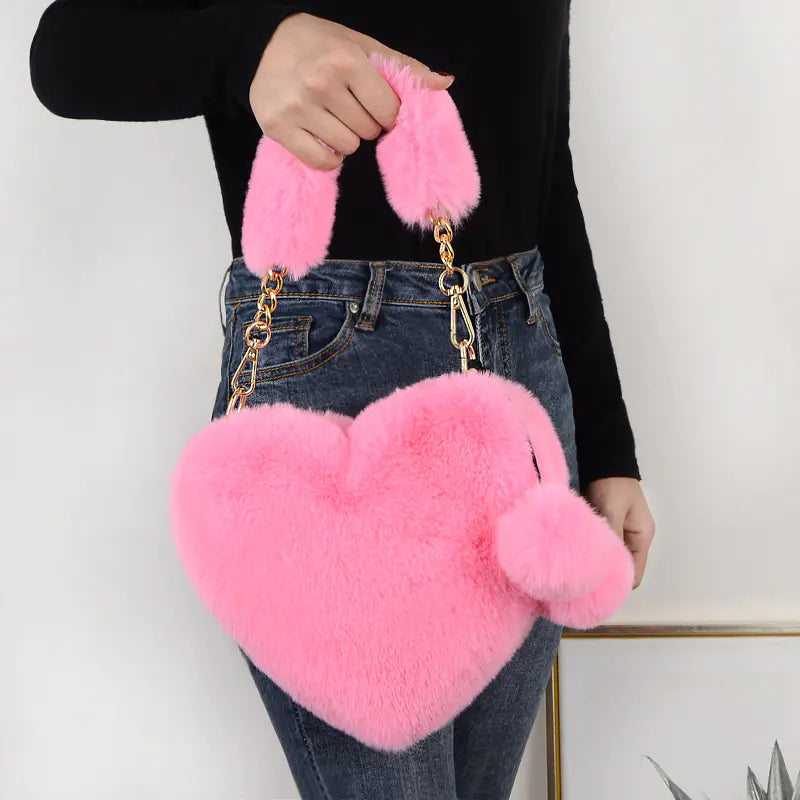 Heart-shaped Plush Peach Handbag for Women