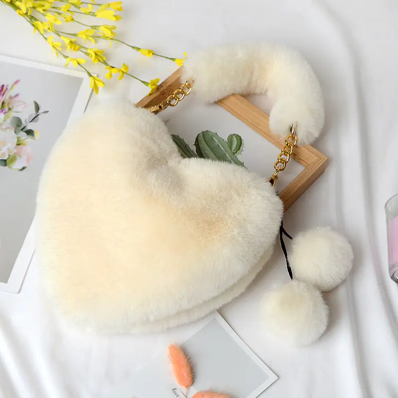 Heart-shaped Plush Peach Handbag for Women