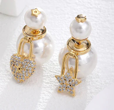 Asymmetrical Star Heart Earrings with Double-Sided Pearls