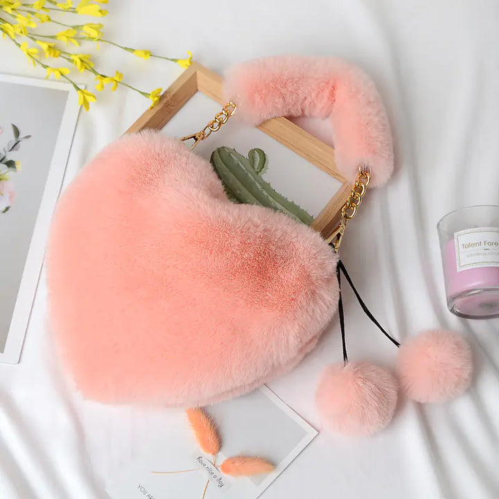 Heart-shaped Plush Peach Handbag for Women