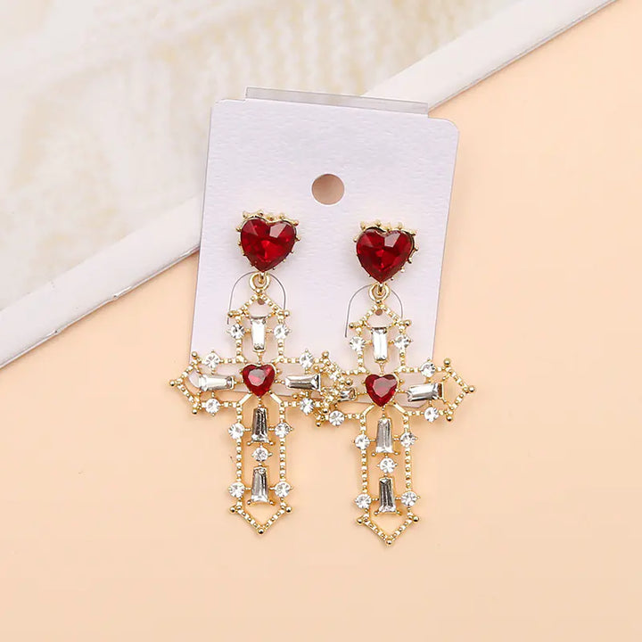 Gold Cross Earrings with Creative Heart Design